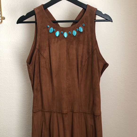 Karen Alexander Boston Proper Brown Suede Dress w/ Turquoise Stones Size 10 - Picture 2 of 14